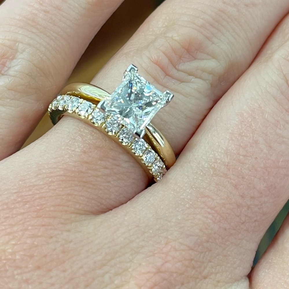 Wedding set, soldered together. PR 1.66 F/S12 drilled princess cut